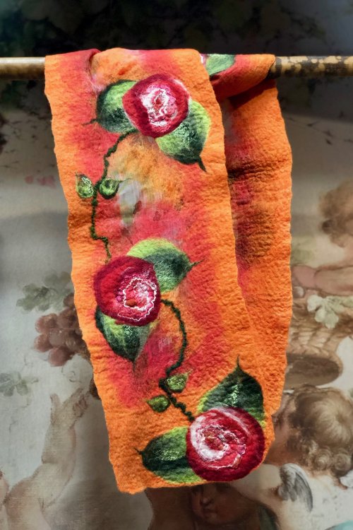 Agnes Foss - Felted Merino Scarf / Wrap - Red Roses on Orange Background with Organza Inserts